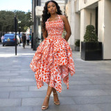 African Women Sexy Halter Neck Ruched Printed Irregular Maxi Dress