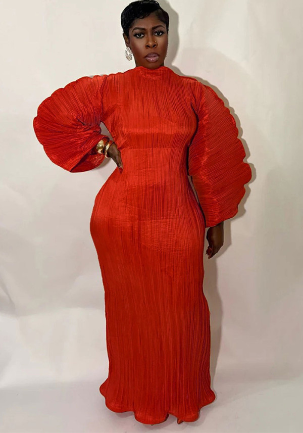Women Ruched Round Neck Lantern Sleeve Pleated Dress