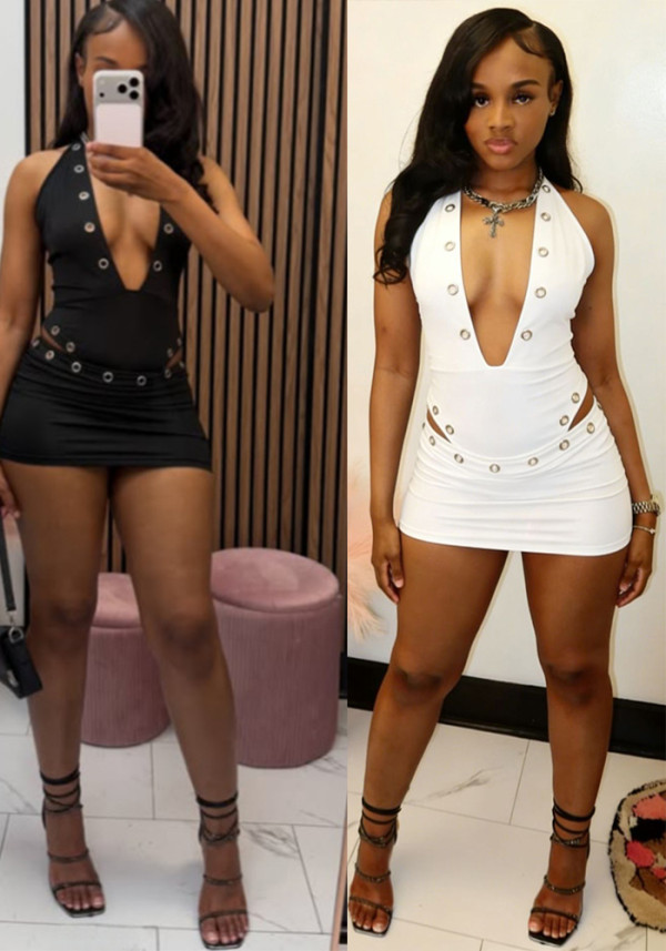 Women Sexy V‑Neck Hollow Metal Halter Neck Top And Skirt Two Piece Set
