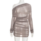 Women Sexy Mesh Slash Shoulder Long Sleeve Turtleneck Ruched Bodycon Dress