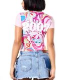 Women Multi‑Color Floral Short Sleeve Color Block Raglan Sleeve Crop Top Printed T‑Shirt