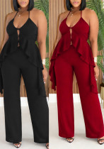 Women Casual Holidays Halter Neck Irregular Top and Wide Leg Pants Two Piece Set Women Casual Holidays Halter Neck Irregular Top and Wide Leg Pants Two Piece Set