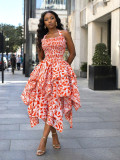 African Women Sexy Halter Neck Ruched Printed Irregular Maxi Dress