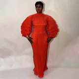 Women Ruched Round Neck Lantern Sleeve Pleated Dress