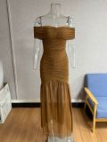 Women Off‑Shoulder Mesh Evening Maxi Dress