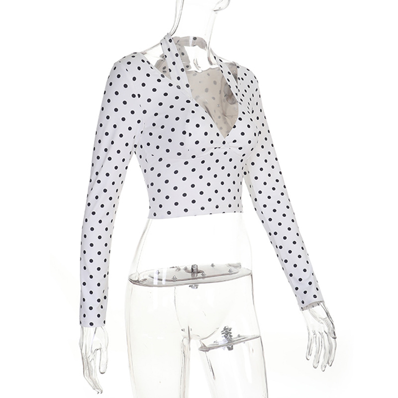 Polka Dot Halter V-Neck Top for Casual Wear