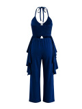 Women Casual Holidays Halter Neck Irregular Top and Wide Leg Pants Two Piece Set
