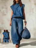 Women Mock Neck Sleeveless Denim Vest Tank Top