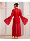 Women Summer Lace Mesh Tie‑Up Bell Sleeve See‑Through Robe
