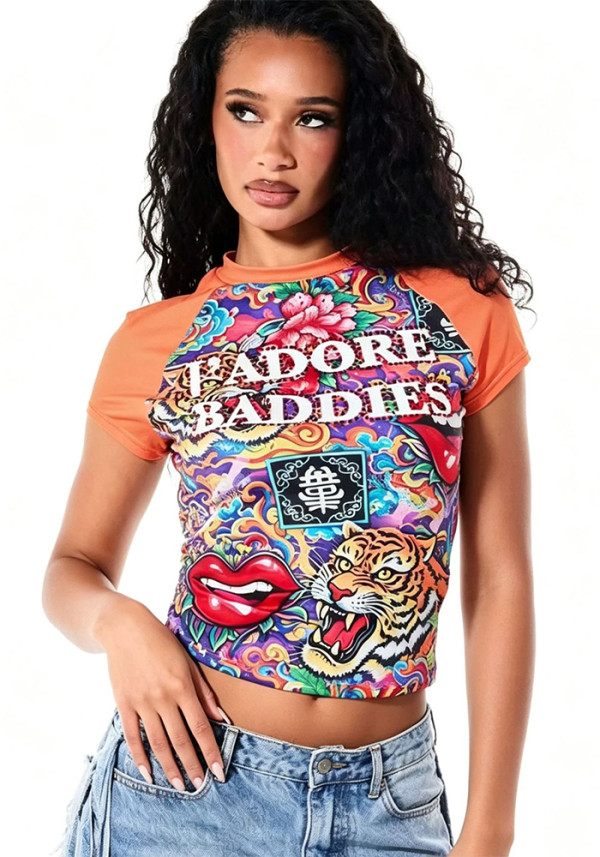 Women Multi‑Color Floral Short Sleeve Color Block Raglan Printed T‑Shirt Crop Top