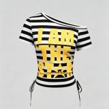 Women Black White Striped Strapless Printed Tank Top