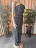 Women Denim Strapless Off Shoulder Wide Leg Denim Jumpsuit