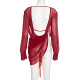 Women V‑Neck Ruched Long Sleeve Backless Sexy Top