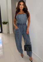 Women Denim Strapless Off Shoulder Wide Leg Denim Jumpsuit Women Denim Strapless Off Shoulder Wide Leg Denim Jumpsuit