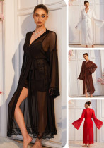 Women Summer Lace Mesh Tie‑Up Bell Sleeve See‑Through Robe Women Summer Lace Mesh Tie‑Up Bell Sleeve See‑Through Robe
