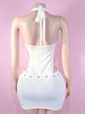 Women Sexy V‑Neck Hollow Metal Halter Neck Top And Skirt Two Piece Set