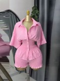 African Women Casual Turndown Collar Short Sleeve Shirt & Shorts Two Piece Set