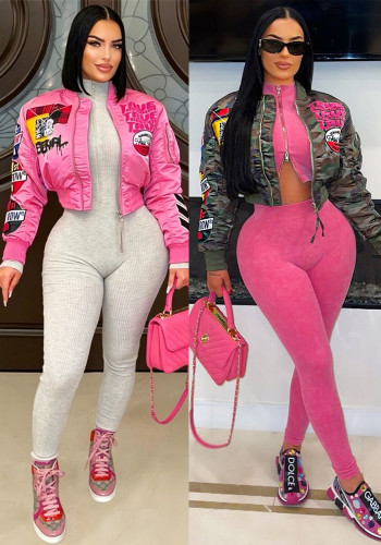 Women Fall Winter Printed Casual Bomber Jacket