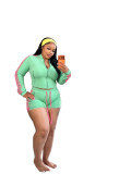 Women Sexy Long Sleeve Zipper Color Block Webbing Top and Shorts Two Piece Set