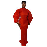 Women Ruched Round Neck Lantern Sleeve Pleated Dress