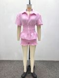 African Women Casual Turndown Collar Short Sleeve Shirt & Shorts Two Piece Set