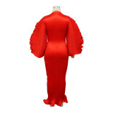 Women Ruched Round Neck Lantern Sleeve Pleated Dress