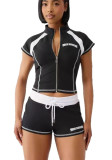 Women Color Block Stitched Zipper Short Sleeve Letter Printed Top and Shorts Two Piece Set