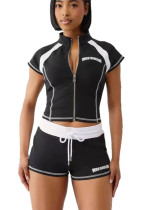 Women Color Block Stitched Zipper Short Sleeve Letter Printed Top and Shorts Two Piece Set Women Color Block Stitched Zipper Short Sleeve Letter Printed Top and Shorts Two Piece Set