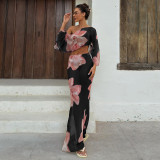 Women Spring Summer Sexy Off Shoulder Crop Top Drawstring Printed Skirt Two Piece Set