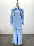 African Women Casual Sequin Floral Shirt and Pants Two Piece Set
