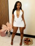 Women Sexy V‑Neck Hollow Metal Halter Neck Top And Skirt Two Piece Set