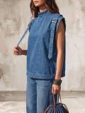 Women Stand Collar Strap Buckle Sleeveless Denim Vest