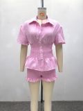 African Women Casual Turndown Collar Short Sleeve Shirt & Shorts Two Piece Set
