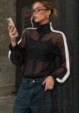 Women Summer Frog Button Sexy See‑Through Patchwork Top