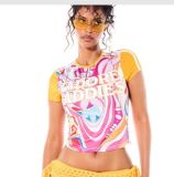 Women Multi‑Color Floral Short Sleeve Color Block Raglan Sleeve Crop Top Printed T‑Shirt