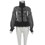Women Summer Frog Button Sexy See‑Through Patchwork Top