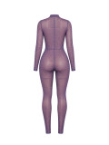 Women Sexy See‑Through Mesh Printed Long Sleeve Jumpsuit