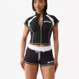 Women Color Block Stitched Zipper Short Sleeve Letter Printed Top and Shorts Two Piece Set