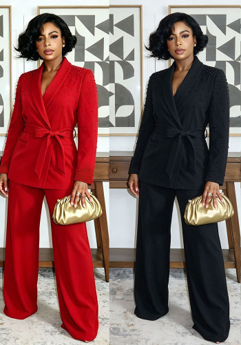 Women Elegant Pearl Long Sleeve Blazer and Pant Two Piece Set