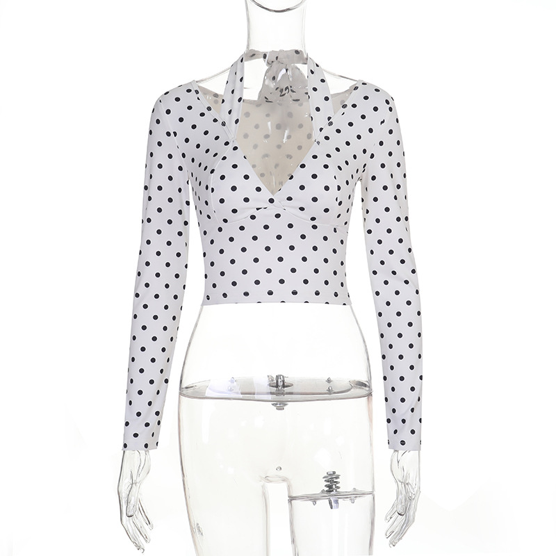 Polka Dot Halter V-Neck Top for Casual Wear