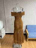 Women Off‑Shoulder Mesh Evening Maxi Dress