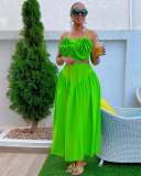 African Women Green Strapless Floral Crop Top and Skirt Two Piece Set