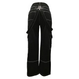 Women Causal Cargos Denim Pants With Pockets Camisole Top