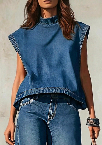 Women Mock Neck Sleeveless Denim Vest Tank Top