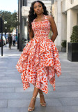 African Women Sexy Halter Neck Ruched Printed Irregular Maxi Dress