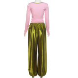 Women Summer Casual Color Block U‑Neck Top and Pant Two Piece Set