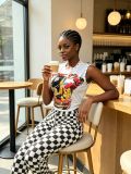Women American Printed Short Sleeve Rivet Sleeveless Crop Tank Top