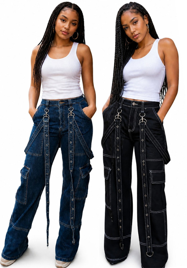 Women Causal Cargos Denim Pants With Pockets Camisole Top