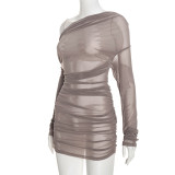 Women Sexy Mesh Slash Shoulder Long Sleeve Turtleneck Ruched Bodycon Dress