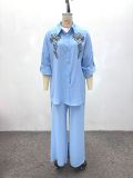 African Women Casual Sequin Floral Shirt and Pants Two Piece Set